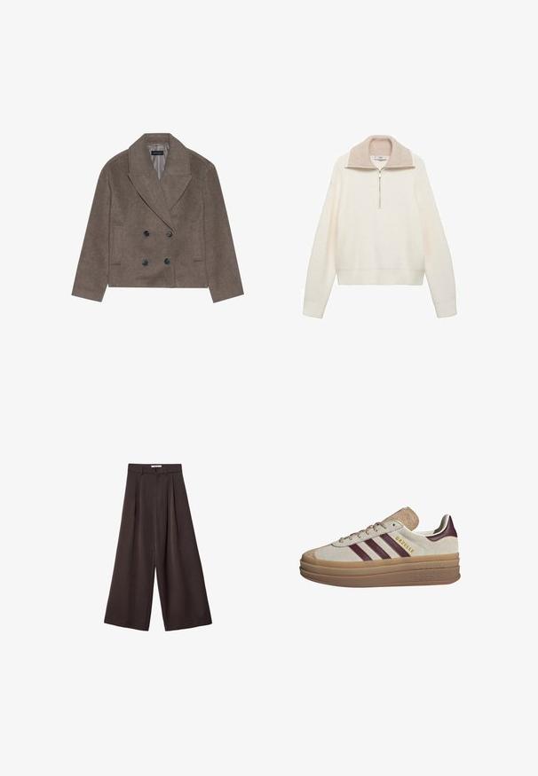 Ruskea villasekoitteinen Peacoat, jossa on tupla-kiristyksellä edessä, suuret mustat nappi, terävät läpät ja sivutaskut. Takki on suunniteltu lyhyeksi.; Kreemivärvi kootud sviiter ribakujundusega, poolkinnise lukuga ja kontrastse beeži kraega. Pikad varrukad ja elastne põhi.; Mustat leveät housut, joissa on korkea vyötärö, etupleikkuilla ja nappikiinnityksellä vyötäröllä, valmistettu sileästä kankaasta.; Beige mokkasiner med maroonstriper, hvite detaljer, en tykk gjennomsiktig såle og hevet merkevare på siden. Snøredesign.