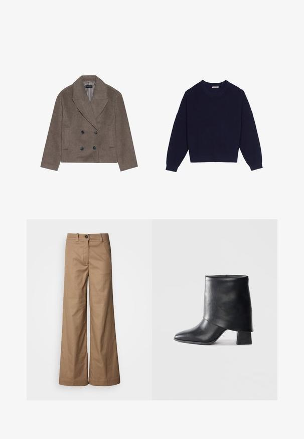 Brūns vilnas maisījuma pīca, kas tajā ir divrindu priekšpuse, lieli melni pogas, norādīti atloki un sānu kabatas, ar īsu garumu.; Tumši zili adīti džemperi ar ribotu tekstūru, apaļu kakla izgriezumu, nokareniem pleciem un saīsinātu apakšmalu. Mīksta auduma, ar garām piedurknēm.; Plati zeķbikses, kas izgatavotas no gludas, brūnganas auduma. Iespējo priekšējā pogu aizdare, jostas cilpas un sānu kabatas. Tīras līnijas bez redzamām rakstu zīmēm.; Melnas ādas potītes zābaki ar norādītu purngalu, gludu tekstūru un strukturētu blokveida papēdi. Iezīmē augstu, salocītu apkakles dizainu.