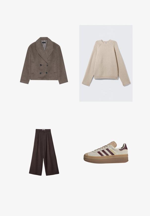 Hnedý vlnený peacoat z zmesi látok so zapínaním na dvojité gombíky, veľkými čiernymi gombíkmi, špicatými klopami a bočnými vreckami, navrhnutý v skrátenej dĺžke.; Béžový pletený sveter s dlhými raglánovými rukávmi a rebrovanými manžetami a lemom, položený na svetlom pozadí.; Čierne široké nohavice s vysokým pásom, so záhybmi vpredu a zapínaním na gombík v páse, vyrobené z hladkého materiálu.; Béžové semišové tenisky s vínovými pruhmi, bielymi akcentmi, masívnou priehľadnou podrážkou a vystúpeným logom na boku. Šnurovací dizajn.