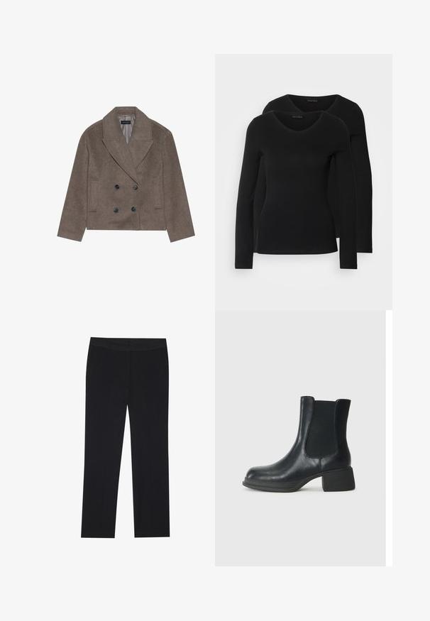 Barna gyapjú keverék peacoat, dupla gombolású elülső résszel, nagy fekete gombokkal, hegyes hajtókákkal és oldalsó zsebekkel, rövidített hosszúsággal tervezve.; Két fekete, hosszú ujjú póló V nyakkal, puha, rugalmas anyagból, sima textúrával és testhezálló fazonnal.; Fekete nadrág, egyenes lábakkal, oldalsó zsebekkel és sima szövet textúrával. Minimális részletezés, letisztult derékpánt.; Fekete bőr bokacsizma elasztikus oldalsó panelekkel, lekerekített orral és alacsony blokk sarkú kialakítással. A felület sima textúrájú és minimális díszítéssel rendelkezik.