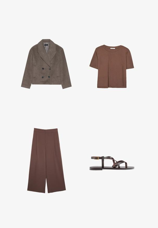 Hnědý vlněný péřový kabát s dvojitým zapínáním, velkými černými knoflíky, špičatými klopami a bočními kapsami, navržený v kratší délce.; Hnědé tričko s krátkým rukávem vyrobené z měkké látky, s kulatým výstřihem a volným střihem. Bez viditelných vzorů nebo dekorací.; Hnědé široké kalhoty s hladkou texturou, vysokým pasem a předními záhyby. Materiál je lehký a volně splývá.; Hnědé kožené sandály s kříženými pásky, uzavřením na přezku u kotníku a plochou podrážkou s minimem švů.