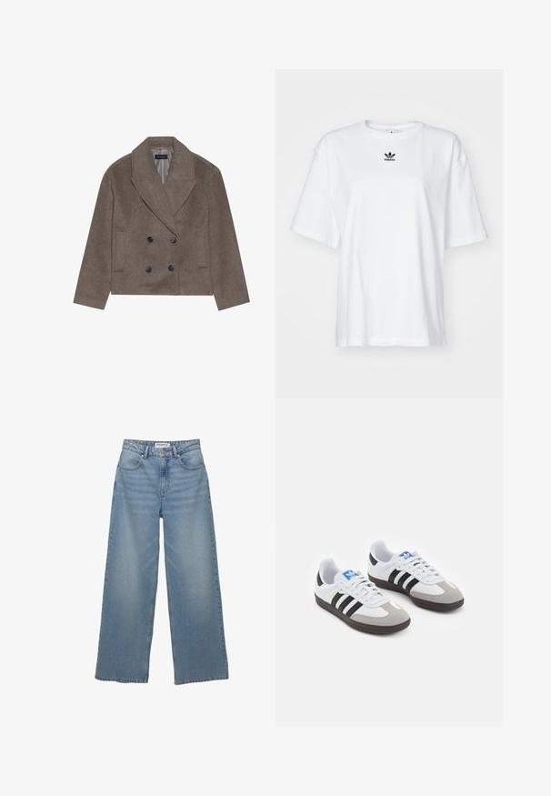 Bruine wolblend peacoat met een dubbelzijdige voorkant, grote zwarte knopen, spitse revers en zijzakken, ontworpen met een cropped lengte.; Witte korte mouwen t-shirt van katoen. Voorzien van een ronde hals en een klein zwart Adidas-logo op de borst. Rechthoekige zoom.; Lichtblauwe wijde jeans van denim. Heeft een hoge taille, vijf zakken en een rechte pasvorm met minimale vervaging.; Sportschoenen met een witte leren bovenkant, grijze suède neus en drie zwarte strepen. Bevat een blauw logo op de tong en een gestructureerde rubberen zool.