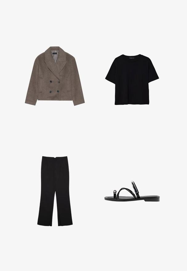 Smeđi kaput od vune s kombinacijom materijala, s dvostrukim kopčanjem sprijeda, velikim crnim gumbima, oštrim reverima i bočnim džepovima, dizajniran u skraćenom obliku.; Crna majica kratkih rukava od pamuka. Ima okrugli izrez i labav kroj s glatkom, jednoličnom teksturom. Nema vidljivih uzoraka ili akcenta.; Crne hlače ravnog kroja, s prednjim džepovima i bočnim prorezima na rubu. Izrađene od mekog i glatkog materijala. Pogodne za razne prigode.; Crne ravne sandale s sjajnom završnom obradom, tri tanke trake i kružna metalna detalj na prstu. Elegantni dizajn s minimalnim potplatom.