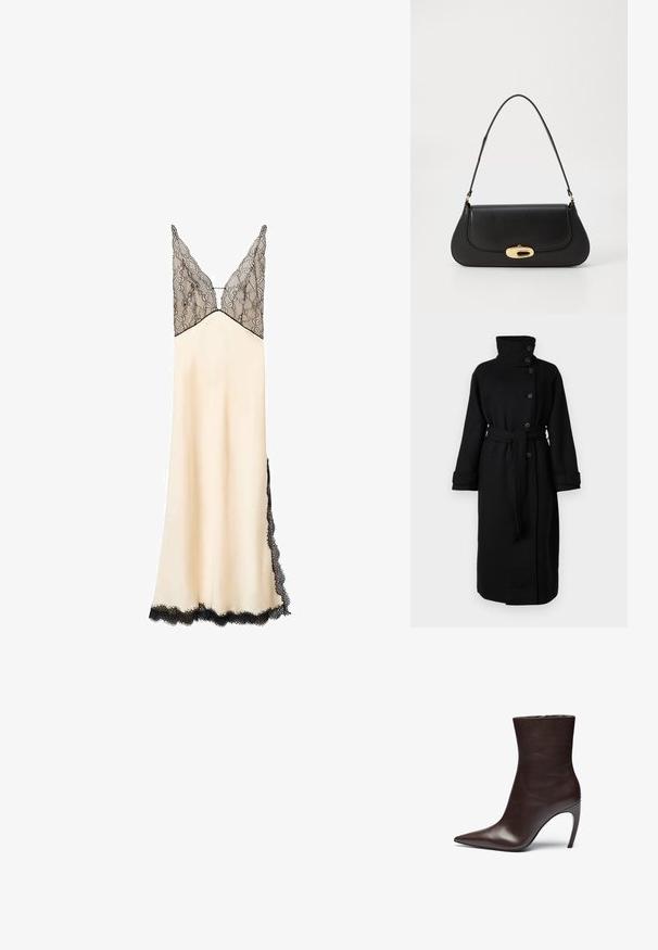 Dlhý čierny kabát z vlneného zmesi, s vysokým golierom, gombíkovým zapínaním a opaskom na viazanie. Manžety na rukávoch a rovný strih.; Satinová nočná košieľka v béžovej farbe s čiernym krajkovým korzetom a lemovaním. Výstrih do V a nastaviteľné ramienka. Dlhá po zem s krajkovými detailmi po stranách.; Hnedá kožená členková obuv s špicatou špičkou, štíhlou siluetou a vysokým ihlovým podpätkom. Má hladkú textúru a minimalistický dizajn.; Čierna kožená kabelka s prehnutým dizajnom, zlatými kovovými detailmi a horným uchom. Má elegantné zatvorenie a hladký povrch.