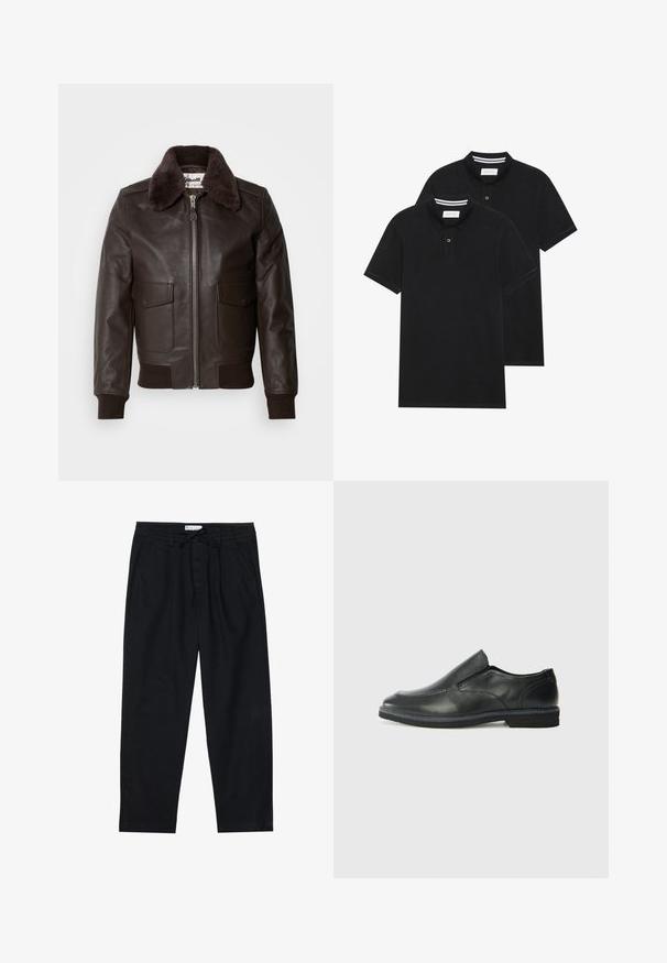 Smeđa kožna bomber jakna s ovčjim krznom, zatvaranje na zip, i dva prednja džepa; rebrasti rukavi i donji rub dodaju teksturalni detalj.; Dva crna polo majice, kratki rukavi, pamučni materijal, sa klasičnom ovratnikom, čepom sa dva gumba i bijelim prugastim detaljima unutar ovratnika.; Pier One Chino hlače - black; Crne kožne cipele na sklapanje s glatkom gornjom površinom, prošivenim detaljima, zaobljenim vrhom i niskim gumene potplate. Potplat ima minimalne uzorke.
