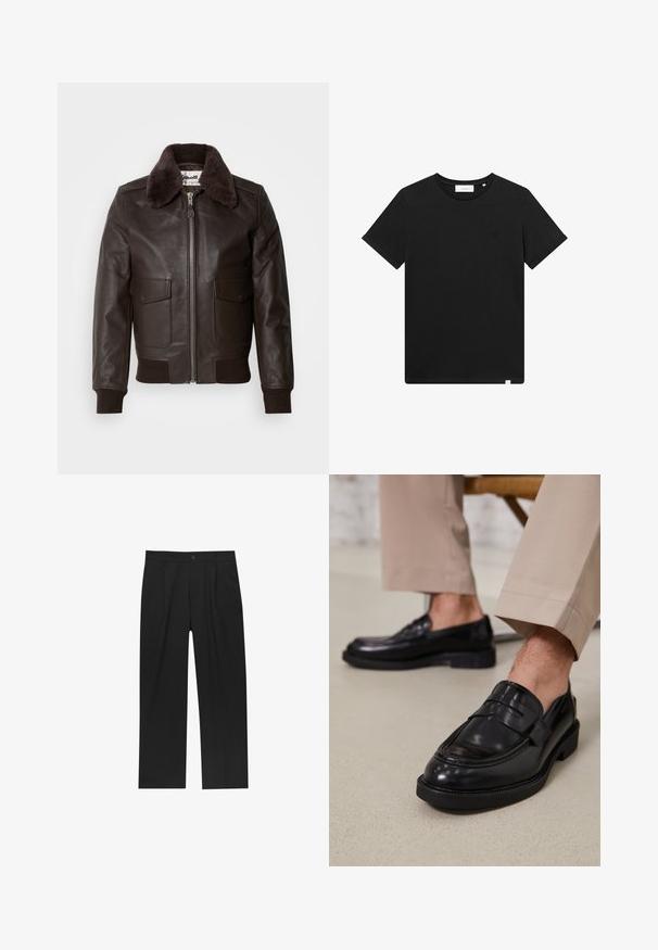 Jachetă bomber din piele maro, cu guler din blană, închidere cu fermoar și două buzunare frontale; manșetele și tivul ribbed adaugă detalii texturate.; Tricou scurt cu mânecă, de culoare neagră, realizat din bumbac, cu guler tip crew și un mic logo brodat pe piept. Textură netedă, croială standard.; Pantaloni negri cu un design drept, fabricați dintr-un material neted. Au plisse în față și un sistem de închidere cu un singur buton la talie.; Loafers negre din piele cu o finisare netedă, având o curea decorativă și cusături contrastante, asortați cu pantaloni bej.