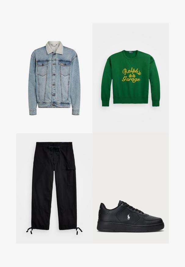 Šviesiai mėlynas džinsinis švarkas su sagų apykakle, dviem krūtinės kišenėmis ir balta sherpa apykakle.; Žalia sportinė palaidinė su apvaliu iškirpimu, su geltonomis siuvinėjimo raidėmis "Ralph’s Garage" ir šachmatų vėliavų dekoracijomis. Pagaminta iš medvilnės mišinio.; Juodos krovinių kelnės su elastingu juosmeniu ir raišteliu. Yra šoninės kišenės ir reguliuojamos galinės kelnių apačios su užtrauktukais. Pagamintos iš lengvos medžiagos.; Juodi odiniai sportbačiai su perforuotu dizainu, plokščia raištelių uždanga ir balta išsiuvinėta logo šone. Storais juodais gumos padais.
