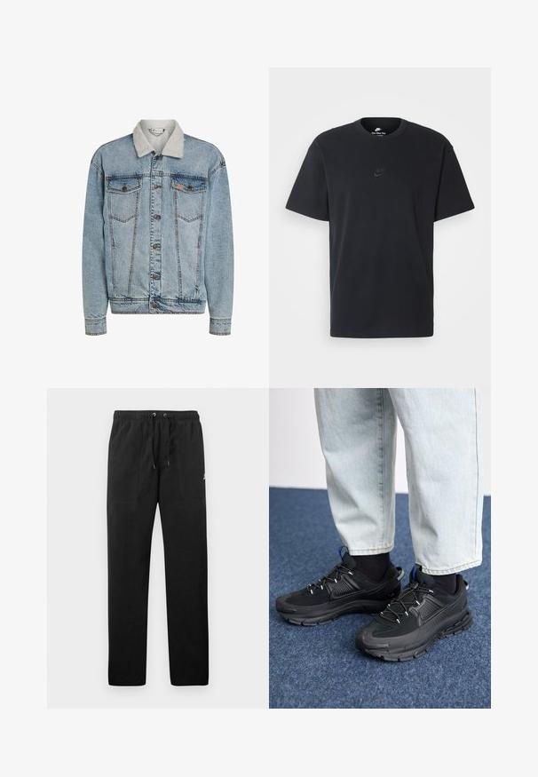 Helehall denim jakker, millega on nupud ees, kaks rinna taskut ja valge sherpa krae.; Nike musta mustast puuvillast T-särk klassikalise ümmarguse kaelusega, lühikeste varrukatega ja õrna, reljeefse logoga rinnal. Sile tekstuur.; Mustad fliisist sportpüksid, millel on elastne vöö ja paelad, kaks esi-taskut ning väike logo reie peal.; Mustad mustad jooksukingad, millel on tekstureeritud kangas ja kummist tallad, elastsed nöörid ning sinine aksent kandadel. Kandmine heledate teksadega.