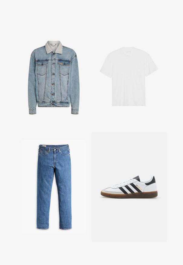 Svijetloplavi traper jakna s dugmadi sprijeda, dva džepa na prsima i bijelim sherpa ovratnikom.; Bijela pamučna majica s kratkim rukavima, okruglim izrezom i ravnim rubom. Glatka tekstura, minimalistički dizajn bez uzorkâ ili akcenta.; Plave traperice s ravnim krojem, bakrenim zakovicama i dizajnom s pet džepova. Imaju šivenu obrubu i klasičnu struk s petljama za remen.; Bijele kožne tenisice s crnim suedinim akcentima, tri crne pruge, bež gumeni potplat i zlatni "SPEZIAL" brend na boku.