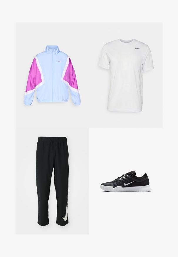 Casaco azul claro com padrões geométricos em rosa e branco, gola alta, fecho zip completo e punhos elásticos. Logótipo da Nike no peito.; T-shirt branca de mangas curtas feita de tecido suave. Apresenta um decote redondo e um pequeno logótipo da Nike em preto no lado esquerdo do peito.; Calças atléticas pretas com cintura elástica, design afunilado, apresentando um grande logótipo branco da Nike na perna esquerda. Tecido macio e leve.; Sapatilha atlética preta com um cabedal texturizado, swoosh branco da Nike e uma sola de borracha branca. Apresenta um design com atacadores e uma forma dinâmica.
