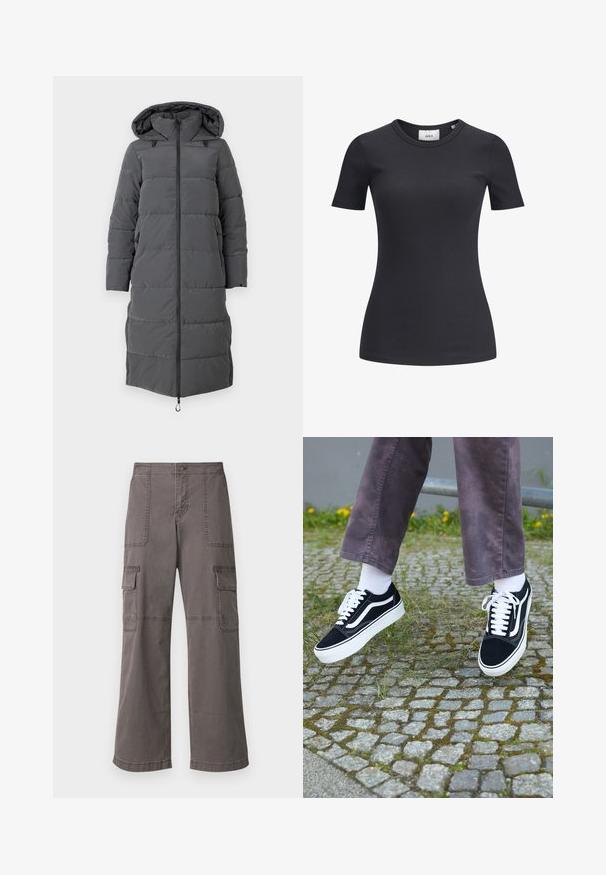 Podložena siva zimska jakna s kapuco, dolgimi rokavi, sprednjim zadrgo in stranskimi žepi, z prešito zasnovo in gladko teksturo.; Črna rebrasta majica s kratkimi rokavi in okroglo izdelavo. Narejena iz mehke, raztegljive tkanine, z diskretno teksturo in prilegajočim krojem.; Sive cargo hlače iz bombaža z širokim krojem, ki imajo dva sprednja žepa, dva stranska žepa in vidne šivanske detajle.; Črne semiš teniske z belimi akcenti, s krožno prstom, debelim belim podplatom in klasičnim vezanjem, nošene z belimi nogavicami in vijoličnimi hlačami.