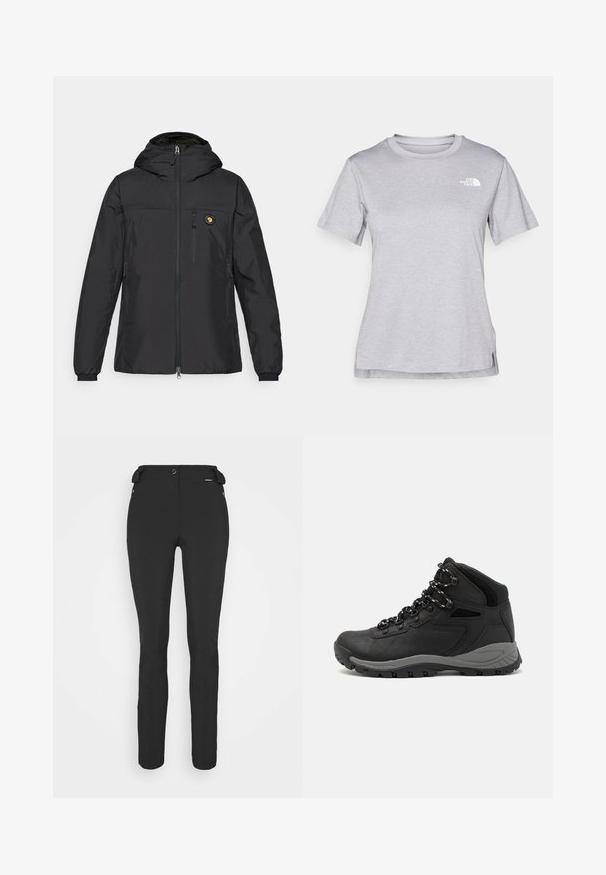 Melnā vieglā jaka ar kapuci, ar rāvējslēdzēju priekšā, sānu kabatām, elastīgām aprocēm un logotipa uzšuvumu uz krūtīm, izgatavota no gludas materiāla.; Pelēks īsām piedurknēm T-krekls, kas izgatavots no mīksta, mitrumu noturoša auduma. Tam ir apaļš kakls un neliels balts logo kreisajā augšējā stūrī.; Melni, pieguļoši bikses, izgatavotas no elastīga materiāla. Iespējas ietver rāvējslēdzēju sānu kabatu, ar artikulētām ceļgaliem un gludu tekstūru.; Melni pārgājienu zābaki ar vidēju augstumu, ar teksturētu augšdaļu, pelēkiem akcentiem un izturīgu gumijas zoli ar saķeres izvirzījumiem.
