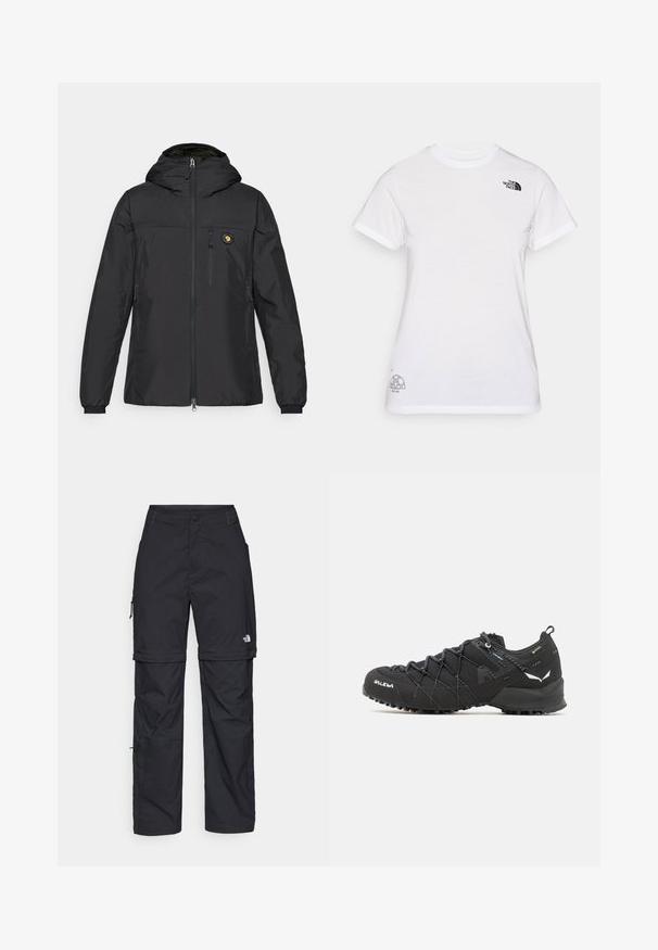 Juodas lengvas džemperis su kapisonu, užtrauktuku priekyje, šoninėmis kišenėmis, elastinėmis rankovėmis ir logotipo uždengimu ant krūtinės, pagamintas iš lygios medžiagos.; Balta medvilninė marškinėliai su juodu logo kairiajame krūtinės šone ir pilku grafiniu dizainu apatiniame dešiniajame kampe. Klasikinis apvalus kaklas ir trumpomis rankovėmis.; Juodos nailoninės krovinių kelnės su reguliuojamais rankovėmis, daugybe kišenių ir logo ant dešinės kojos. Lygi, lengva tekstūra.; Juodi žygio batai su tekstūruotu audiniu, raišteliais ir tvirtu guma padu. Papuošti atspindinčiomis detalėmis ir logotipais.