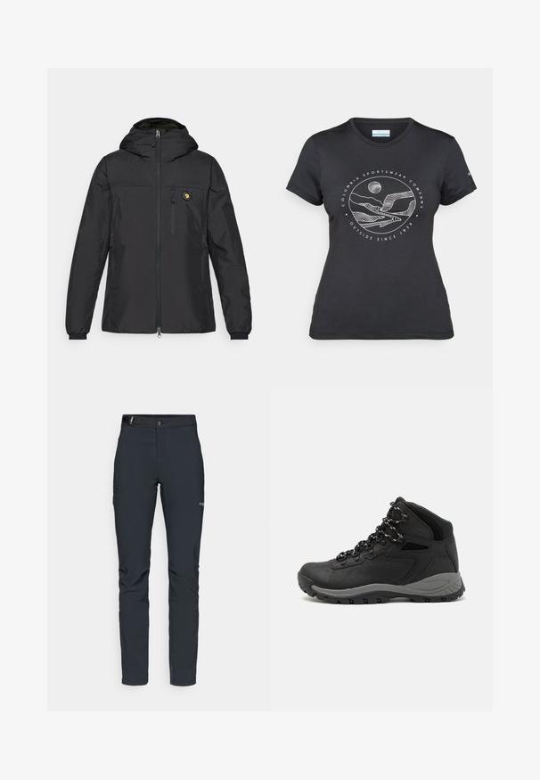 Jachetă ușoară neagră cu glugă, cu fermoar frontal, buzunare laterale, manșete elastice și o pată cu logo pe piept, fabricată dintr-un material neted.; Tricou negru Columbia cu artă liniară albă circulară reprezentând munți și un râu, împreună cu textul "Columbia Sportswear Company Afară din 1938."; Pantaloni de exterior pentru bărbați, gri închis, fabricați dintr-un material flexibil, cu un brâu, buzunare cu fermoar și cusături consolidate.; Botă de drumeție neagră cu un design mediu, având un material texturat, accente gri și o talpă din cauciuc durabilă cu crampoane pentru aderență.