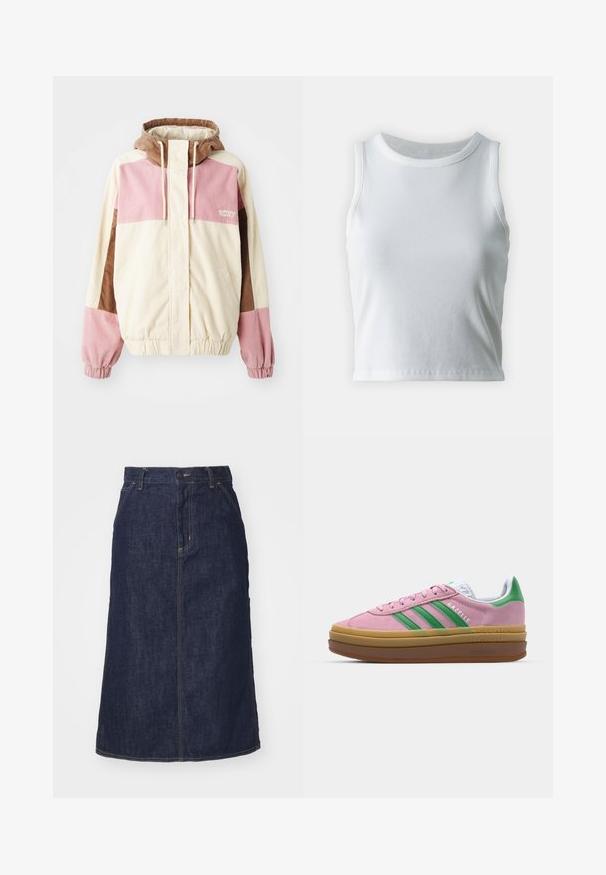 Corduroy jacket in cream, light pink, and brown. Features a hood, elastic cuffs, and a relaxed fit. Roxy logo on the front.; White ribbed tank top with a round neckline and sleeveless design, featuring a straight hem and a smooth, stretchy texture.; Dark denim skirt with a high waist, straight cut, front pockets, and stitched seams. Features a zip and button closure at the waist.; Pink suede sneakers with green stripes, white accents, and a brown rubber sole. Features textured fabric and logo detailing on the side.