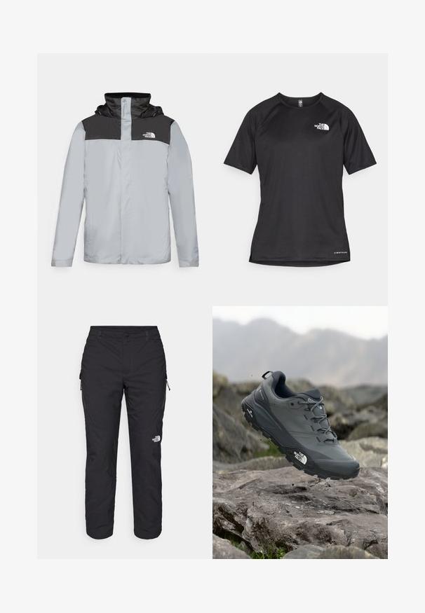 Casaco cinza claro com um painel superior preto. Apresenta capuz, fecho por pressão e logotipo no peito. Tecido liso e resistente à água.; Camisa atlética preta de manga curta com um tecido texturizado, apresentando um logotipo branco no peito esquerdo e uma bainha reta.; The North Face WINTER EXPLORATION TAPERED CARGO - Calças para exterior - black; Sapatilha de corrida em trilhos cinza com um cabedal texturizado, sola de borracha durável e ponteira reforçada. Apresenta atacadores e o logótipo da marca de lado.