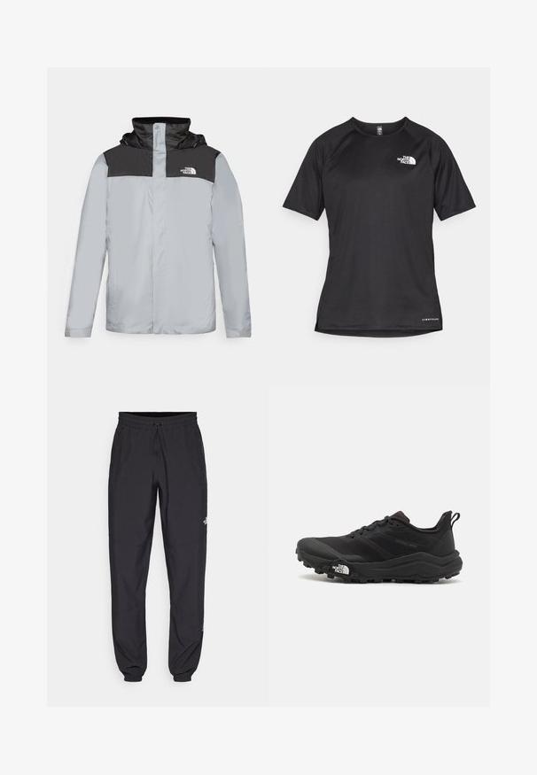 Šviesiai pilka striukė su juodu viršutiniu paneliu. Yra gobtuvas, spaudžių užsegimas ir logotipas ant krūtinės. Lygus, vandeniui atsparus audinys.; Juoda trumpa rankovė atletinė marškinė, pagaminta iš tekstūruotos medžiagos, su baltu logotipu kairėje krūtinės pusėje ir tiesiu apdailos kraštu.; Juodos sportinės kelnės, pagamintos iš lengvos medžiagos, su raišteliu liemens srityje, šoniniais kišenėmis ir siaurėjantys apykaklės prie kulkšnies.; Juoda bėgimo batai su tekstūruotu paviršiumi, guma padais ir sustiprinta pirštų dalimi. Yra paminkštinta apykaklė ir kilpos, leidžiančios lengvai užsidėti.