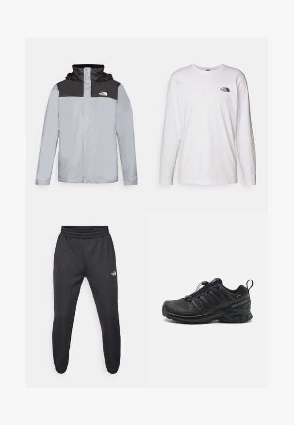 Giacca grigio chiaro con pannello superiore nero. Presenta un cappuccio, chiusura a scatti e logo sul petto. Tessuto liscio e resistente all'acqua.; T-shirt bianco a maniche lunghe in cotone con colletto rotondo. Presenta un piccolo logo nero sul petto. Texture liscia, vestibilità regolare.; Pantaloni sportivi neri con vita regolabile tramitecordino, vestibilità affusolata, polsini elasticizzati e un piccolo logo bianco sulla coscia sinistra, realizzati in tessuto morbido.; Scarpa sportiva nera con parte superiore in sintetico testurizzato, suola imbottita e sistema di allacciatura rapida. Presenta una punta e un tallone rinforzati.