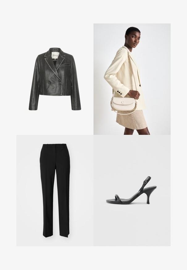 Svart lädercroppad blazer med notched-krage, dubbelknäppt framtill och en enda bröstficka. Har vita sömnadsdetaljer.; Vit kortärmad T-shirt, korta vida ärmar, mjukt bomullsmaterial, rund halsringning med subtila orange detaljer, minimal design, inga mönster eller grafik.; Svarta skräddarsydda byxor med rak benform, med en slät yta och skarpa veck fram. Ingen synlig hårdvara.; Svarta läder högklackade sandaler med en smal, böjd klack och ett korsat remdesign. Justerbar ankelrem. Slät textur.; COACH EMMY SADDLE BAG 23 - Handväska - chalk