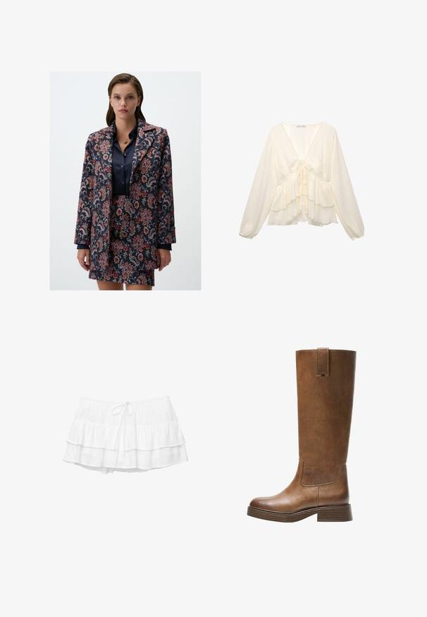 Marynarka w kwiatowy wzór w ciemnoniebieskim, czerwonym i szarym kolorze, z klasycznym kołnierzem i długimi rękawami, w zestawieniu z dopasowaną spódnicą.; Kremowa bluzka z dekoltem w serek, długimi bufiastymi rękawami i warstwowymi falbanami na dole, z wiązaniem z tyłu na środku.; Biała, warstwowa spódnica z trzema falbaniastymi poziomami, elastycznym pasem i ozdobnym sznurkiem. Wykonana z lekkiej, teksturowanej tkaniny.; Brązowe skórzane wysokie buty do kolan z okrągłym noskiem, teksturowaną powierzchnią i niskim piętrem o warstwowej budowie. Posiadają boczną wstawkę oraz pętelkę na górze.