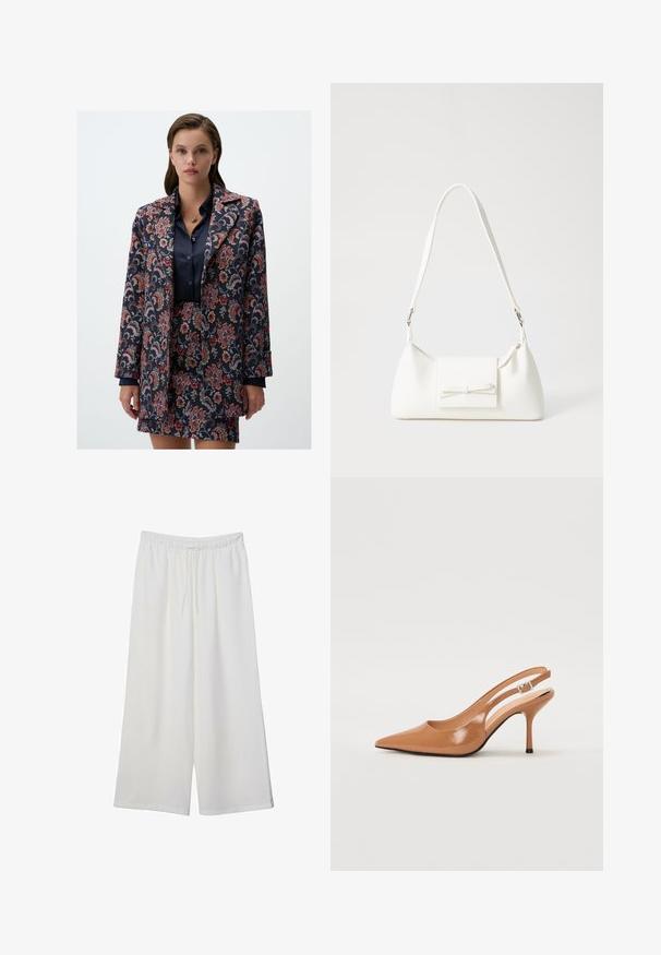 Marynarka w kwiatowy wzór w ciemnoniebieskim, czerwonym i szarym kolorze, z klasycznym kołnierzem i długimi rękawami, w zestawieniu z dopasowaną spódnicą.; Biała koszulka z długim rękawem wykonana z prążkowanej tkaniny, z okrągłym dekoltem i prostym wykończeniem. Prosty, jednolity wzór.; Białe szerokie spodnie wykonane z lekkiego materiału, z elastyczną talią i sznurkiem do regulacji fasonu. Gładka tekstura.; Sandały na obcasie z kwadratowym noskiem, wykonane z gładkiego, błyszczącego materiału w kolorze brązowym. Charakteryzują się zaokrąglonym wycięciem i smukłym obcasem typu stiletto. Detal w postaci srebrnej klamry.; Biała syntetyczna torba o trójkątnym kształcie, płaskim przednim klapce i detalach w postaci kokardy, regulowanym pasku, gładkiej fakturze oraz minimalistycznym designie.