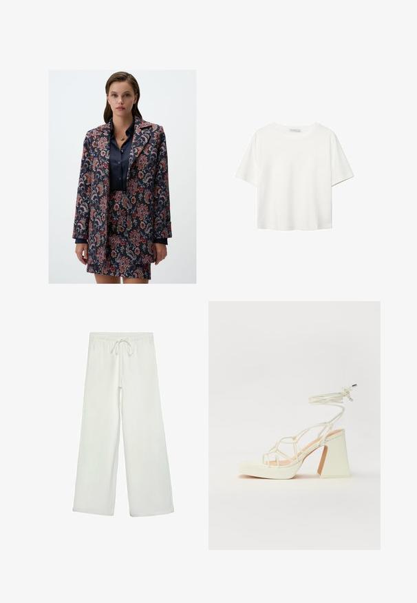 Blazer mit floralen Mustern in Dunkelblau, Rot und Grau, mit klassischem Reverskragen und langen Ärmeln, kombiniert mit einem passenden Rock.; Weißes T-Shirt mit kurzen Ärmeln aus Baumwolle. Hat einen Rundhalsausschnitt und eine lockere Passform. Glatte Textur ohne sichtbare Muster oder Akzente.; Weiße, weit geschnittene Hose aus weichem Stoff. Mit einem elastischen Bund und einem Kordelzug sowie einer glatten Oberfläche. Keine sichtbaren Muster oder Hardware.; Weiße High-Heel-Sandale mit einem klobigen Absatz, die über ein Riemchendesign und ein Knöchelband verfügt. Glatte Textur mit einer Plattform vorne für zusätzliche Höhe.
