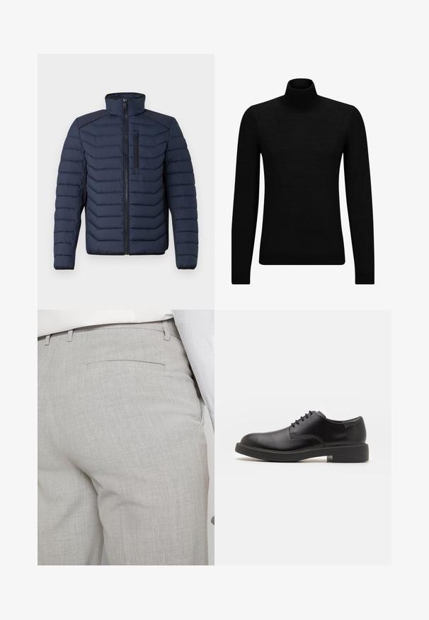 Navy puffer jacket with vertical stitching, high collar, zip front, and chest pocket; features contrasting fabric on shoulders.; Black turtleneck sweater made of soft material, featuring long sleeves and a snug fit. Ribbed trim at the hem and cuffs. Simple design.; Light gray tailored trousers made of textured fabric, featuring a single back pocket and clean stitching.; Black leather lace-up shoe with a rounded toe, smooth texture, minimal stitching, and a low rubber heel. Logo on the heel.