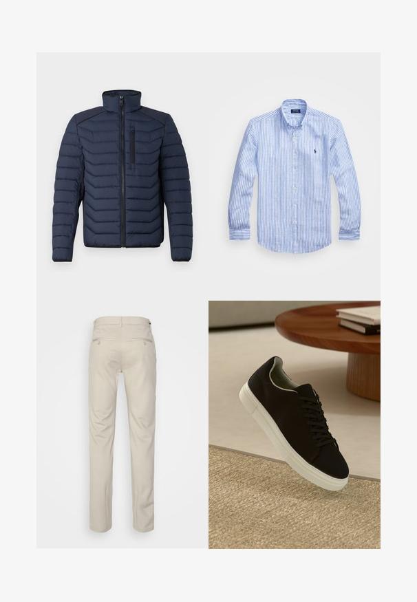 Jachetă puffer bleumarin cu cusături verticale, guler înalt, fermoar frontal și buzunar pe piept; are un material contrastant pe umeri.; Cămașă cu dungi albastre și albe, cu mânecă lungă, fabricată din bumbac, având un guler cu nasturi, nasturi pe față și un mic logo brodat pe piept.; Pantaloni bej cu o textură netedă, croială dreaptă, două buzunare laterale cu nasturi și un brâu standard.; Pantof din material textil negru, cu talpă albă, plutind deasupra unui covor texturat bej, lângă o masă rotundă din lemn cu cărți stivuite.