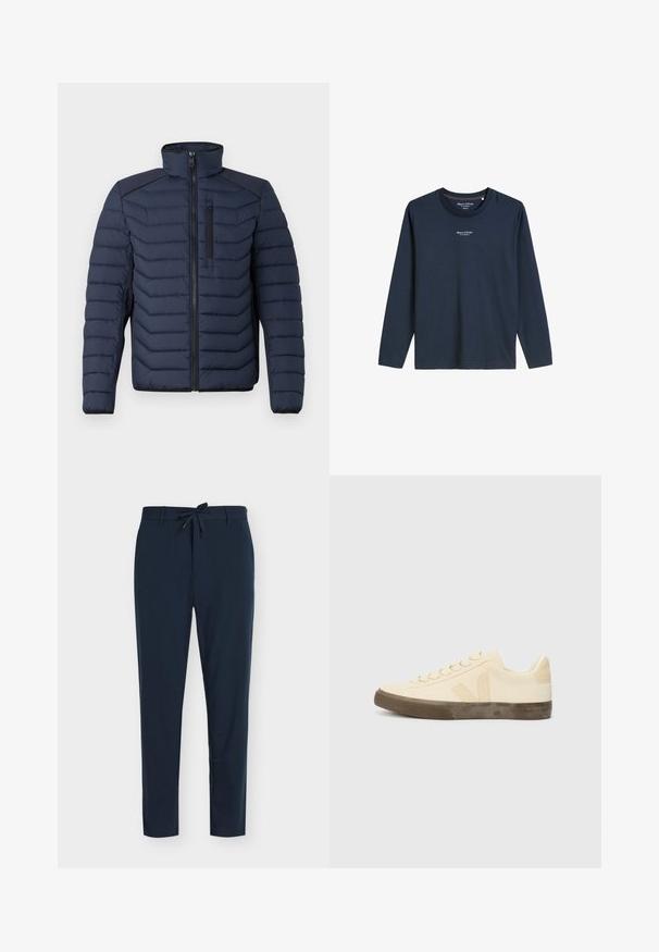 Tamsiai mėlynas pūkinis džemperis su vertikaliomis siūlėmis, aukštu apykakle, užtrauktuku priekyje ir krūtinės kišene; turi kontrastingą audinį ant pečių.; Tamsiai mėlynas ilgomis rankovėmis marškinis su apvaliu kaklu ir mažuoju baltu "Marc O’Polo" logotipu, atspausdintu krūtinės centre.; Tamsiai mėlynos kelnės, pagamintos iš lygios medžiagos, su raišteliu juosmenyje, vertikaliu dryžuotu raštu ir siauro apkausto dizainu.; Bežiniai drobiniu sportiniai bateliai su apvaliu pirštu, plokščiomis raišteliais ir tekstūruota rudą guminiu padu. Šone yra logotipas ir minimalistinis dizainas.