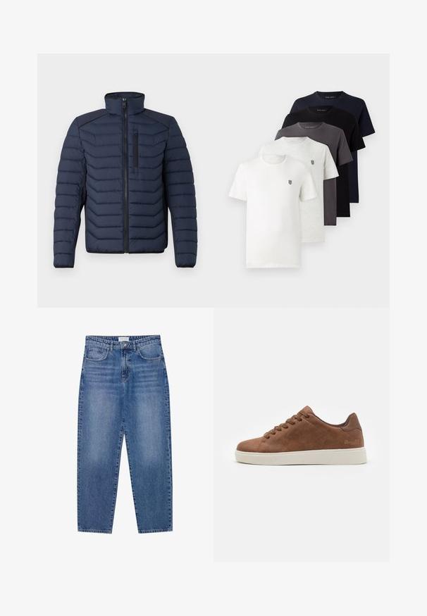 Casaco tipo puffer azul-marinho com costuras verticais, gola alta, fecho de correr à frente e bolso no peito; apresenta tecido contrastante nos ombros.; Cinco t-shirts de algodão de manga curta nas cores branca, cinza claro, cinza escuro, azul marinho e preta, com um pequeno logotipo no peito.; Jeans de ganga azuis com cintura alta, design de perna reta e acabamento desbotado. Apresenta cinco bolsos e fecho de botão.; Sapatilha de couro castanho com ponta arredondada, sola de borracha branca, design com atacadores e detalhes de logotipo subtis na lateral. Textura lisa.