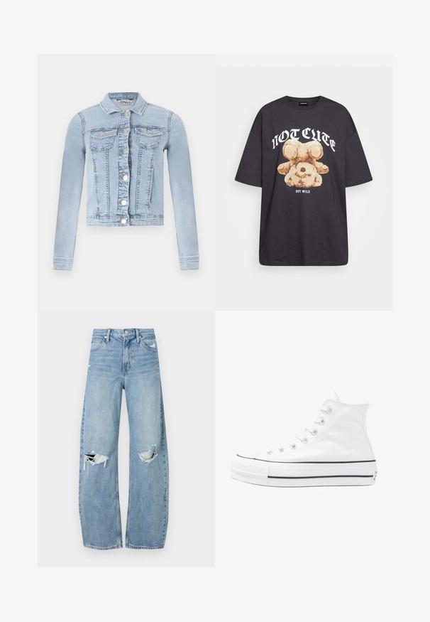 Svijetloplava traper jakna s prilagođenim dizajnom, dugim rukavima, dva džepa na prsima i srebrnim dugmadi na prednjoj strani.; Črna oversized majica s kratkimi rokavi, na kateri je grafika medveda z besedilom „NI SRČKAN VKLJUČNO Z DIVJIM“ v poudarjenem belem tisku. Material: bombaž.; Svijetloplave traperice visoki struk. Imaju široke nogavice, dva poderana područja na koljenima i klasičan petotoksi stil.; Beli visoki platneni športni čevelj z črnim gumijastim podplatom, sprednjim gumijastim zaščitnikom za prste in šestimi luknjicami za vezalke, ki se ponaša s preprostim, minimalističnim dizajnom.