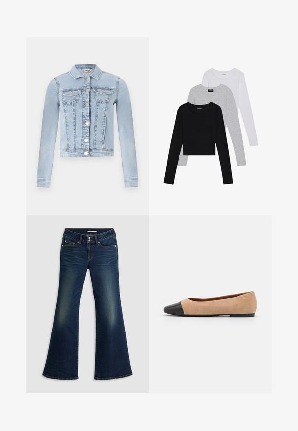 Jaqueta de denim azul-claro com um design ajustado, mangas longas, dois bolsos no peito e fechos em botão prateados na frente.; Três camisetas de manga longa empilhadas: preta, cinza e branca. Cada uma tem um decote redondo e um design cropped, feitas de um tecido leve e suave.; Jeans de flare super baixos em denim azul escuro, com bolsos frontais e traseiros, fecho de botão duplo e detalhes desgastados nas coxas e joelhos.; Bailarina em suede bege com biqueira arredondada em couro preto, salto baixo e textura suave, apresentando costura mínima e um design clean.