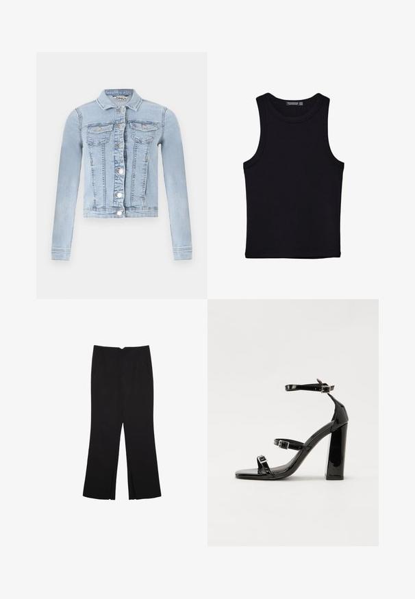 Svijetloplava traper jakna s prilagođenim krojem, dugim rukavima, dva džepa na prsima i srebrnim kopčama duž prednje strane.; Crni top bez rukava od pamuka, s okruglim izrezom i širokim izrezima za ruke. Glatka tekstura s ušivenim rubovima. Klasičan, minimalistički dizajn.; Crne hlače ravnog kroja, s prednjim džepovima i bočnim prorezima na rubu. Izrađene od mekog i glatkog materijala. Pogodne za razne prigode.; Crne lakirane sandale na visoku petu s dva remena s kopčama, kvadratnim vrhom i masivnom blok petom, s glatkom, sjajnom teksturom.