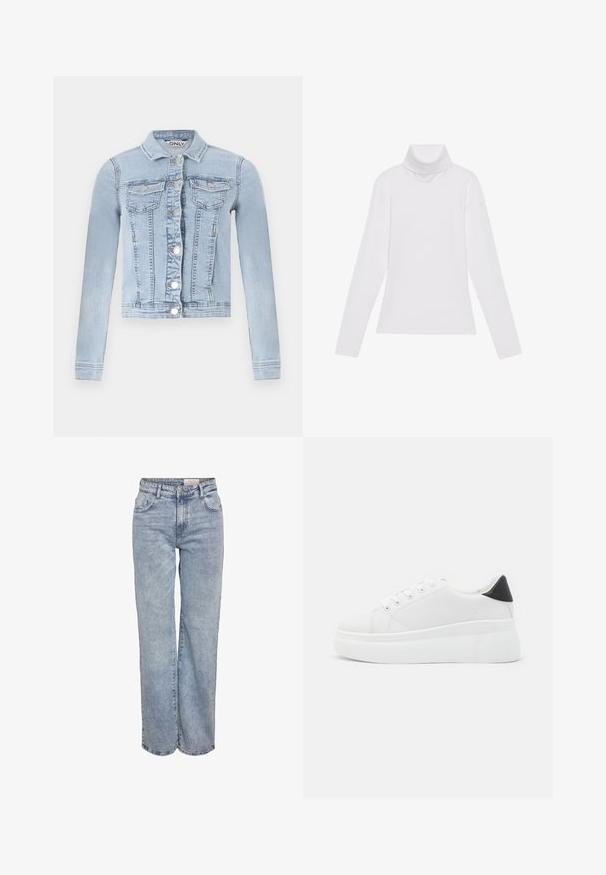 Vaaleansininen farkkutakki, jossa on kapea malli, pitkähihaiset hihat, kaksi rintataskua ja hopeiset napit edessä.; Valkoinen pitkähihaisella poololla varustettu paita, joka on valmistettu sileästä ja joustavasta kankaasta. Ominaisuuksiin kuuluu korkeakauluksinen ja tiukka malli, ilman näkyviä kuvioita tai koristeita.; Vaaleansiniset leveälahkeiset farkut, jotka on valmistettu denimistä. Niissä on korkea vyötärö, viisi taskua ja hienovarainen kuluminen, joka luo käytetyn ilmeen.; Valkoiset alustasneakerit, jotka on valmistettu sileästä synteettisestä materiaalista. Niissä on pyöreä kärki, nauhakiinnitys ja teksturoitu kumipohja. Musta kantakorko korostaa ilmettä.