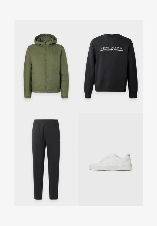 Olivu zaļš kapucēts jaka ar priekšējo rāvējslēdzēju, izgatavota no gluda materiāla, ar garām piedurknēm un brīvu piegriezumu.; Melna sporta krekla izgatavots no mīksta auduma. Tam ir apaļš kakls un garas piedurknes. Priekšpusē ir rakstīts "ARMANI EXCHANGE" un "1991" kontrastējošās krāsās.; Melni sporta bikses, kas izgatavotas no mīkstas auduma, ar elastīgu jostasvietu, taisnām kājām un nelielu logotipa detaļu sānos.; Baltas ādas sneakers ar gludu virsmu, apaļu pirkstu daļu, plakaniem šņorēm un teksturētu zoli. Satur diskrētu logotipu uz papēža.