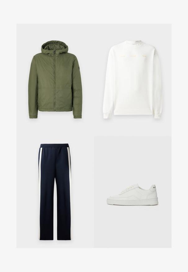 Olivgrüne Kapuzenjacke mit Frontreißverschluss, aus glattem Material, mit langen Ärmeln und legerer Passform.; Weißes Sweatshirt mit Rundhalsausschnitt, langen Ärmeln und gerippten Bündchen. Mit goldfarbigem Drucktext auf der Brust: "HZW (25-26) HOLZWEILER THE SUN."; Navy Sweatpants mit weitem Bein Design, ausgestattet mit vertikalen cremefarbenen Streifen an den Seiten. Hergestellt aus weichem, strukturiertem Stoff mit einem elastischen Bund.; Weiße Ledersneaker mit glatter Oberfläche, runder Zehenpartie, flachen Schnürsenkeln und strukturiertem Sohlenprofil. Mit einem dezenten Logo an der Ferse.