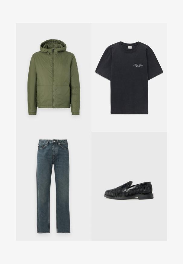 Tamsiai žalia kapota striukė su priekiniais užtrauktukais, pagaminta iš glotnaus audinio, su ilgomis rankovėmis ir laisvu siluetu.; Juodas trumpomis rankovėmis, apvaliu kaklu marškinėliai su mažu baltu "Filling Pieces" tekstiniu logotipu kairiajame krūtinės kampe.; Tamsiai mėlyni džinsai su tiesiomis kojomis, turintys penkis kišenes, mygtuko uždarymą ir kontrastingus siuvimo akcentus.; Juodas pintas slip-on tipo batelis su lygiu odiniu akcentu viršuje, apvalios nosies dizainas ir žemas guminis padas.