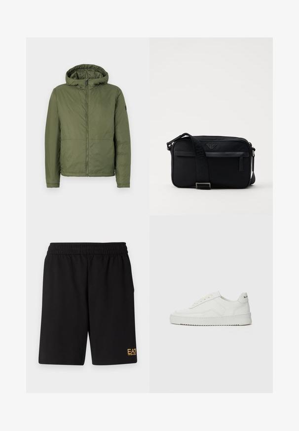Oliven grøn hættejakke med frontlynlås, lavet af glat materiale, med lange ærmer og en afslappet pasform.; Hvid t-shirt med korte ærmer, der har et gentaget sort V-formet mønster. T-shirten er lavet af blød bomuld med en afslappet pasform og rund halsudskæring.; Sorte atletiske shorts lavet af blødt stof, med en elastisk talje og et lille gult EA7-logo nederst på venstre ben.; Hvide lædersneakers med en glat overflade, rund tå, flade snørebånd og en tekstureret sål. Har et diskret logo på hælen.; Sorte nylon skuldertaske med en kontrasterende rem, slank rektangulær form, logo detaljer og en lynlåslomme på forsiden.