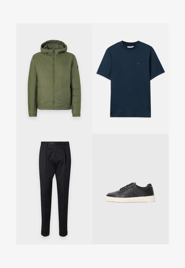 Olivgrüne Kapuzenjacke mit Frontreißverschluss, aus glattem Material, mit langen Ärmeln und legerer Passform.; Marineblaue Baumwoll-T-Shirt mit Rundhalsausschnitt, kurzen Ärmeln und einem dezenten Logo auf der Brust. Glatte Textur und klassischer Schnitt.; Schwarze Hosen aus einem glatten Stoff, mit einem Faltenwurf vorne, einem Knopfverschluss und umgeschlagenen Säumen am Knöchel.; Schwarze Leder-Sneaker mit strukturierter Oberfläche, runder Zehenpartie und flacher weißer Gummisohle. Features schwarze Schnürsenkel und Branding an der Ferse.