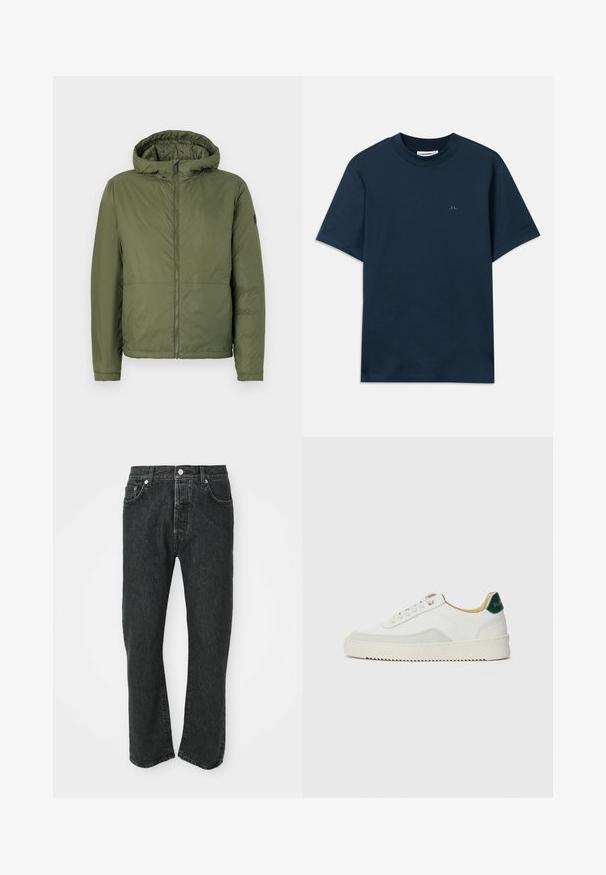 Veste à capuche vert olive avec une fermeture éclair devant, fabriquée dans un matériau lisse, dotée de manches longues et d'une coupe décontractée.; T-shirt en coton bleu marine avec un col rond, des manches courtes et un logo discret imprimé sur la poitrine. Texture lisse et coupe classique.; Jean denim droit noir avec fermeture par bouton et zip à l'avant, poches avant et arrière visibles sur fond blanc.; Baskets blanches avec des accents en daim, bout arrondi, lacets plats et semelle en caoutchouc crème. Présente une marque verte sur le talon.