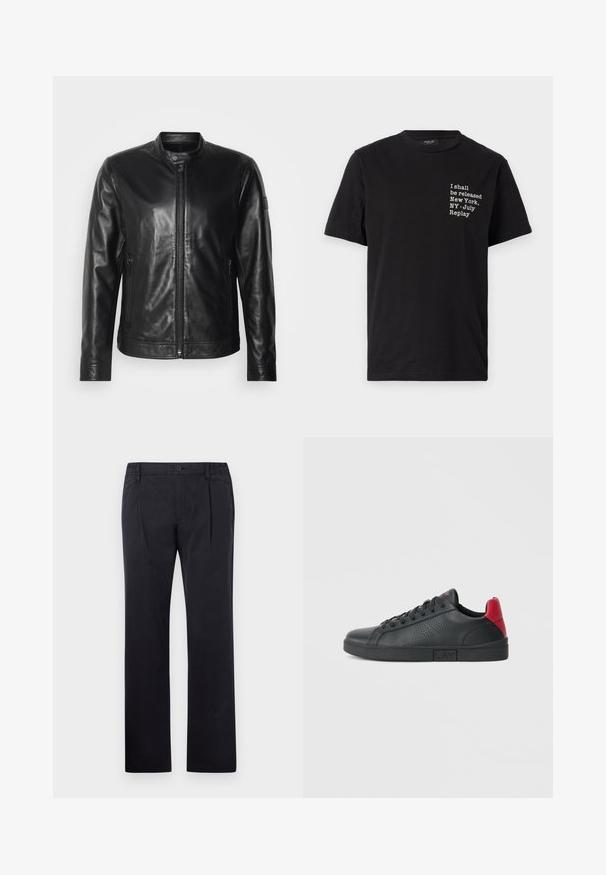 Strellson JACE - Lederjacke - black; Schwarzes Baumwoll-T-Shirt mit weißem Text: "Ich werde freigelassen New York, NY - Juli Wiederholung," runder Ausschnitt, kurze Ärmel.; Schwarze Baumwollhose mit geradem Bein, ausgestattet mit einem Knopfverschluss und einem elastischen Bund für eine verstellbare Passform. Glatte Textur, ohne Muster.; Schwarze synthetische Sneaker mit roten Fersenakzenten, perforiertem seitlichem Design, runder Zehenpartie, flacher schwarzer Sohle und schwarzen Schnürsenkeln.