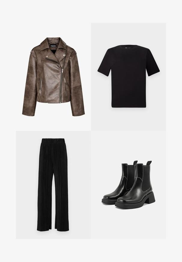 Barna műbőr motoros dzseki aszimmetrikus cipzárral, két oldalsó zsebbel, széles gallérral és vállpántokkal.; Fekete, rövid ujjú póló, kerek nyakkal, puha pamutból készült. Egyszerű dizájn, nincs látható logó vagy minta.; Fekete pliszírozott nadrág gumis derekkal. Széles lábakkal rendelkezik, sima, texturált anyagból készült, függőleges csíkokkal.; Fekete bőr Chelsea csizmák masszív sarkakkal, rugalmas oldalsó panelekkel és kontrasztos fehér varrással. Texturált felület.