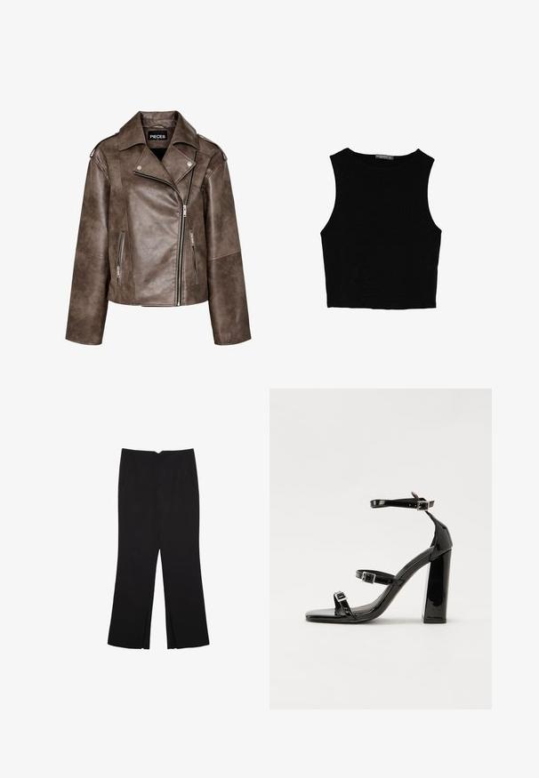 Brun fusk läder motorcykeljacka med en asymmetrisk dragkedja, två sidofickor, bred krage och axelkupor.; Svart ärmlös crop top i mjukt tyg, med rund hals och en ren, enkel design utan mönster eller detaljer.; Svarta byxor med rak passform, utrustade med framfickor och sidoklyvningar vid fållen. Tillverkade av mjukt, slätt tyg. Lämpliga för olika tillfällen.; Svarta lackerade klacksandaler med fyrkantig tå, ankelremmar och silverfärgade spännen. Har en kraftig blockklack för stabilitet.