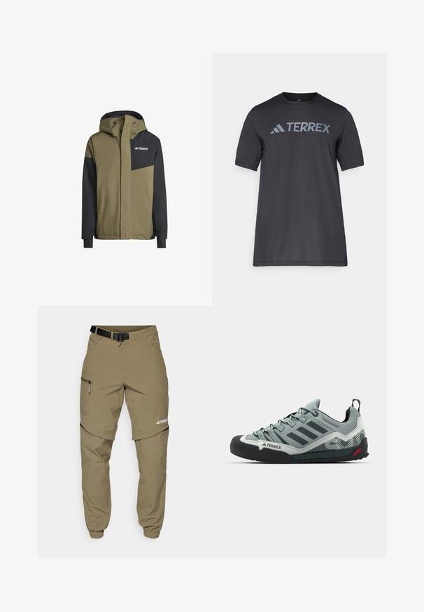 Adidas Terrex MT 2L INSUL - Veste de ski - olive/strata black; T-shirt noir à manches courtes en tissu léger, arborant un logo « TERREX » gris clair sur la poitrine et un col rond.; Pantalons d'extérieur kaki avec une ceinture noire ajustable, des poches zippées, des poignets fuselés et des jambes inférieures détachables pour un style polyvalent.; Chaussures d'escalade grises avec un dessus texturé, un capuchon en caoutchouc noir pour les orteils, trois rayures foncées et une petite touche rouge sur la semelle.