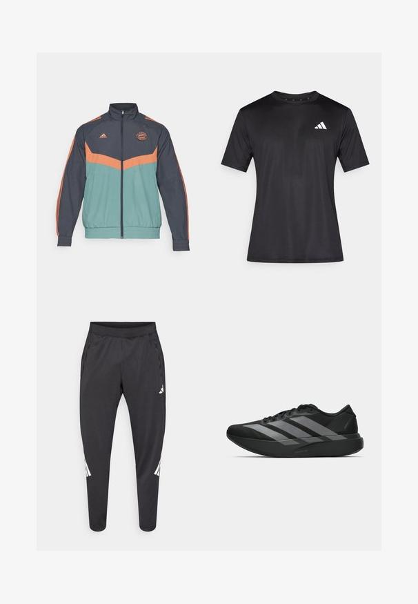 adidas Performance FC BAYERN M�NCHEN SZN TRACK TOP - Klub merchandise - dark grey/hazy emerald; Sort atletik t-shirt lavet af let mesh-stof med korte ærmer og en hvid logo på venstre brystområde.; Sorte atletikbukser med smalle ben, elastisk taljebånd, sidelommer og hvide logoer samt stribedetaljer. Fremstillet af et glat, let materiale.; Sorte atletiske sko med et let design, der har tre fremtrædende grå striber, en glat overflade og en formet sål.
