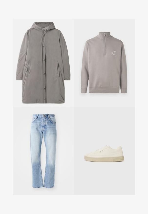 Gaiši pelēks kapuces mētelis, kas izgatavots no gludas, ūdensizturīgas auduma. Iespējas: pogas ar spiedpogu, sānu kabatas un brīva, līdz ceļiem garuma siluets.; Gaišpelēks ceturtdaļas rāvējslēdzēja puloveris, kas izgatavots no mīksta materiāla, ar nelielu baltu logotipu uz krūtīm un elastīgiem piedurkņu un apakšmalas malumiem.; Gaiši zili džinsu bikses ar taisnu kāju griezumu. Ar piecu kabatu dizainu, pogu aizdari un izbalējušu tekstūru apakšā.; Baltas kanvas sporta apavi ar strukturētu gumijas zoli, ar šūtu purngalu un logotipu uz papēža. Vienkāršs auklu aizdare dizains.