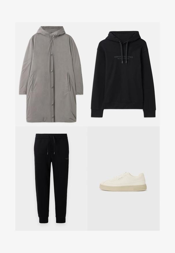 Cappotto grigio chiaro con cappuccio realizzato in tessuto liscio e resistente all'acqua. Caratterizzato da bottoni a pressione, tasche laterali e una silhouette rilassata che arriva fino al ginocchio.; Felpa nera realizzata in tessuto morbido, con cappuccio regolabile tramite cordino e polsini a costine. Logo ricamato in tonalità scure sulla parte anteriore.; Pantaloni da jogger neri realizzati in misto cotone, con cintura elastica e cordoncino, caviglie a costina e una stampa del logo discreta sul lato.; Sneakers bianche in tela con suola in gomma testurizzata, dotate di una punta cucita e di un accento con logo sul tallone. Design semplice con lacci.