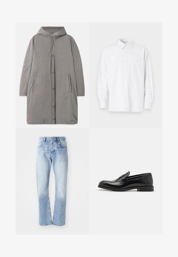 Svijetlosivi kaput s kapuljačom napravljen od glatkog, vodootpornog materijala. Ima snaps dugmad, bočne džepove i opušteni kroj do koljena.; Bijela košulja s gumbima i ovratnikom, s suptilnim vertikalnim prugama, dugim rukavima, džepom na prsima i klasičnim zaobljenim rubom.; Svijetloplave traperice ravnog kroja. Imaju dizajn s pet džepova, dugmasti patent zatvarač i izblijedjelu teksturu prema dnu.; Crni kožni mokasini s glatkom teksturom, zaobljenim prstima i ukrasnom trakom preko prednjeg dijela. Niski slojeviti potplat, minimalistički dizajn.