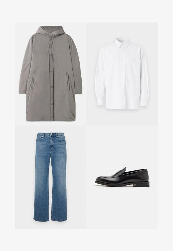 Light gray hooded coat made from smooth, water-resistant fabric. Features snap buttons, side pockets, and a relaxed, knee-length silhouette.; White button-up shirt with a collar, featuring subtle vertical stripes, long sleeves, a chest pocket, and classic rounded hem.; Wide-leg blue jeans made of denim with a faded finish. Features five pockets, a front button closure, and a straight cut.; Black leather loafers with a smooth texture, rounded toe, and a decorative strap across the vamp. Low stacked heel, minimalist design.