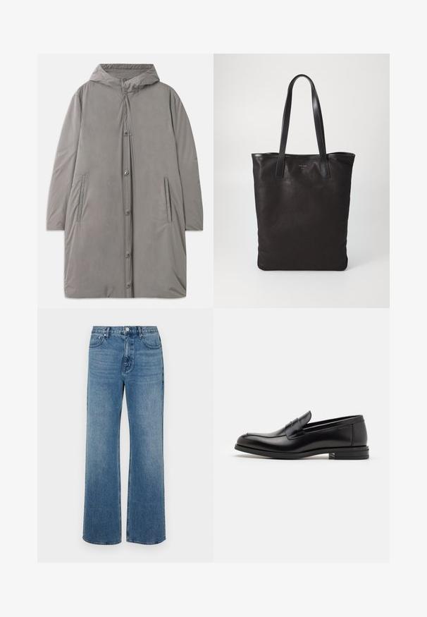 Cappotto grigio chiaro con cappuccio realizzato in tessuto liscio e resistente all'acqua. Caratterizzato da bottoni a pressione, tasche laterali e una silhouette rilassata che arriva fino al ginocchio.; Camicia bianca con colletto, dotata di sottili righe verticali, maniche lunghe, taschino sul petto e orlo arrotondato classico.; Jeans a gamba larga blu in denim con una finitura sbiadita. Presentano cinque tasche, una chiusura con bottone frontale e una vestibilità dritta.; Mocassini neri in pelle con una texture liscia, punta arrotondata e una striscia decorativa sulla tomaia. Tacco basso impilato, design minimalista.; Borsa tote in tela nera con manici in pelle nera. Design semplice, corpo spazioso e texture liscia. Nessun logo o motivo visibile.